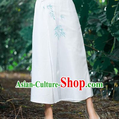 Traditional Chinese National Costume Loose Pants, Elegant Hanfu Hand Painting Bamboo leaves Chiffon White Wide leg Pants, China Ethnic Minorities Tang Suit Ultra-wide-leg Trousers for Women
