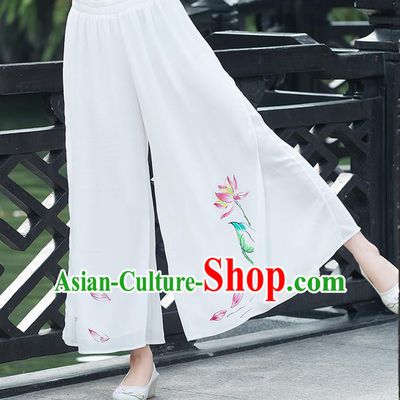 Traditional Chinese National Costume Loose Pants, Elegant Hanfu Hand Painting Lotus Chiffon White Wide leg Pants, China Ethnic Minorities Tang Suit Ultra-wide-leg Trousers for Women