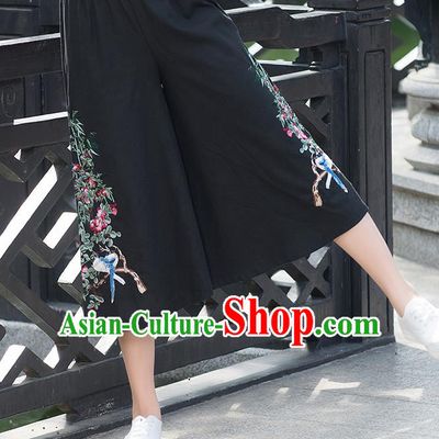 Traditional Chinese National Costume Loose Pants, Elegant Hanfu Embroidered Black Wide leg Pants, China Ethnic Minorities Tang Suit Ultra-wide-leg Trousers for Women