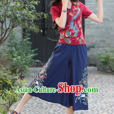 Traditional Chinese National Costume Loose Pants, Elegant Hanfu Embroidered Navy Wide leg Pants, China Ethnic Minorities Tang Suit Ultra-wide-leg Trousers for Women