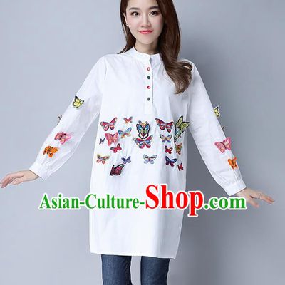 Traditional Chinese National Costume, Elegant Hanfu Patch Embroidery Butterfly White Shirt, China Tang Suit Republic of China Chirpaur Blouse Cheong-sam Upper Outer Garment Qipao Shirts Clothing for Women