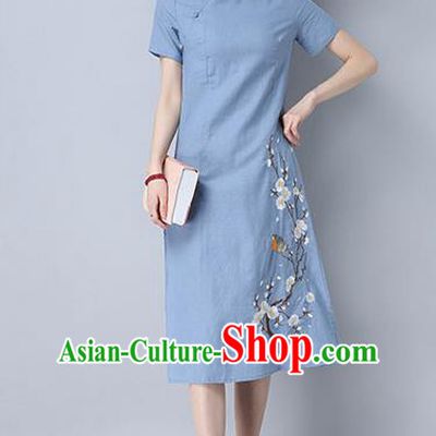 Traditional Ancient Chinese National Costume, Elegant Hanfu Mandarin Qipao Embroidery Peach Blossom Blue Dress, China Tang Suit Chirpaur Republic of China Cheongsam Upper Outer Garment Elegant Dress Clothing for Women
