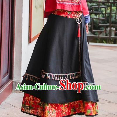 Traditional Ancient Chinese National Pleated Skirt Costume, Elegant Hanfu Red Patch Long Dress, China Tang Suit National Minority Bust Skirt for Women