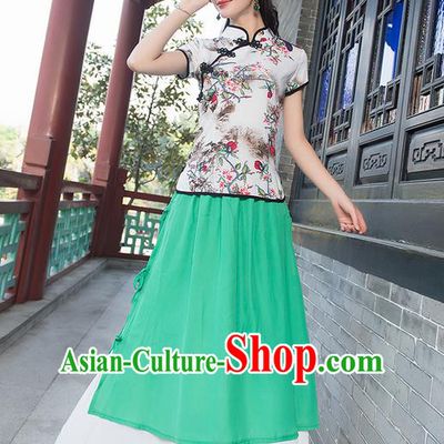 Traditional Ancient Chinese National Pleated Skirt Costume, Elegant Hanfu Chiffon Green Long Dress, China Tang Suit National Minority Bust Skirt for Women