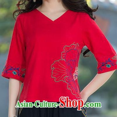 Traditional Chinese National Costume, Elegant Hanfu Embroidery Flowers Red T-Shirt, China Tang Suit Republic of China Chirpaur Blouse Cheong-sam Upper Outer Garment Qipao Shirts Clothing for Women