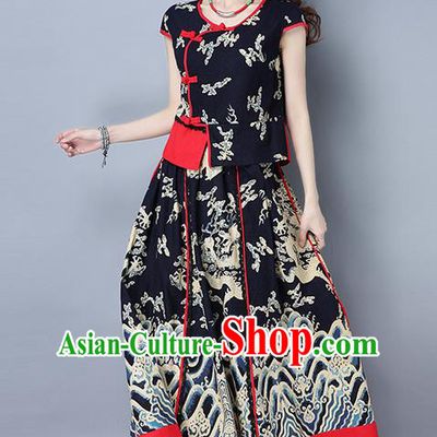 Traditional Chinese National Costume, Elegant Hanfu Clothing Embroidered Short Sleeve Black Blouse and Dress, China Tang Suit Plated Buttons Blouse and Skirt Complete Set for Women