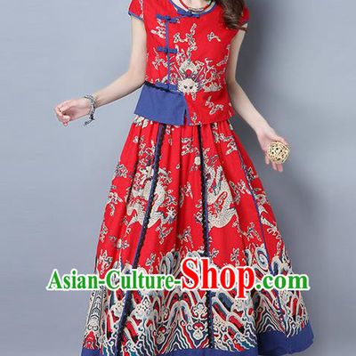 Traditional Chinese National Costume, Elegant Hanfu Clothing Embroidered Short Sleeve Red Blouse and Dress, China Tang Suit Plated Buttons Blouse and Skirt Complete Set for Women
