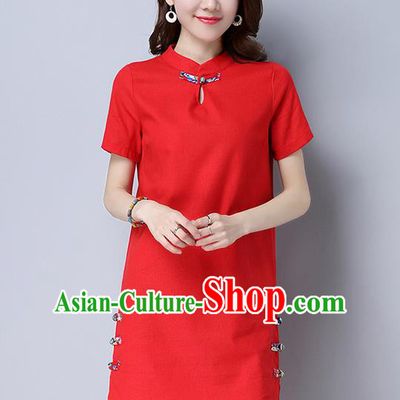 Traditional Ancient Chinese National Costume, Elegant Hanfu Mandarin Qipao Linen Red Dress, China Tang Suit Plated Buttons Chirpaur Republic of China Cheongsam Upper Outer Garment Elegant Dress Clothing for Women