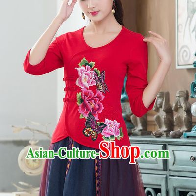 Traditional Chinese National Costume, Elegant Hanfu Embroidery Flowers Slant Opening Red Blouses, China Tang Suit Republic of China Plated Buttons Chirpaur Blouse Cheong-sam Upper Outer Garment Qipao Shirts Clothing for Women