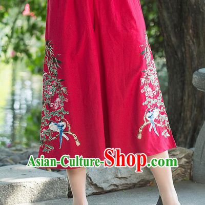 Traditional Chinese National Costume Loose Pants, Elegant Hanfu Embroidered Red Wide leg Pants, China Ethnic Minorities Tang Suit Ultra-wide-leg Trousers for Women