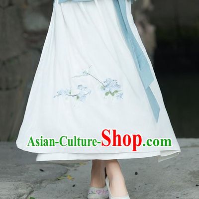 Traditional Ancient Chinese National Pleated Skirt Costume, Elegant Hanfu Chiffon Embroidery Long White Dress, China Tang Dynasty Bust Skirt for Women