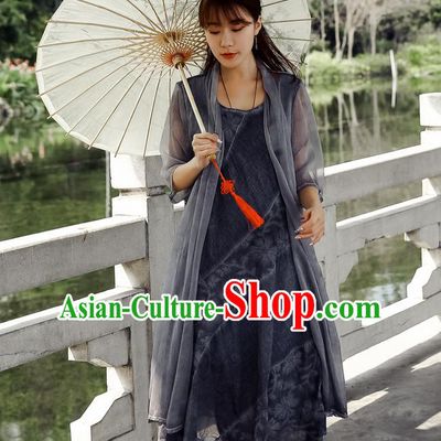 Traditional Ancient Chinese National Costume, Elegant Hanfu Chiffon Grey Cardigan Coat, China Tang Suit Plated Buttons Cape, Upper Outer Garment Dust Coat Cloak Clothing for Women