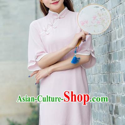 Traditional Ancient Chinese National Costume, Elegant Hanfu Mandarin Qipao Pink Dress, China Tang Suit Short Chirpaur Republic of China Cheongsam Upper Outer Garment Elegant Dress Clothing for Women
