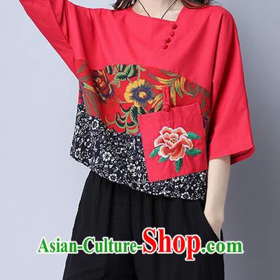 Traditional Chinese National Costume, Elegant Hanfu Patch Embroidery Flowers Red Blouse, China Tang Suit Republic of China Plated Buttons Chirpaur Blouse Cheong-sam Upper Outer Garment Qipao Shirts Clothing for Women