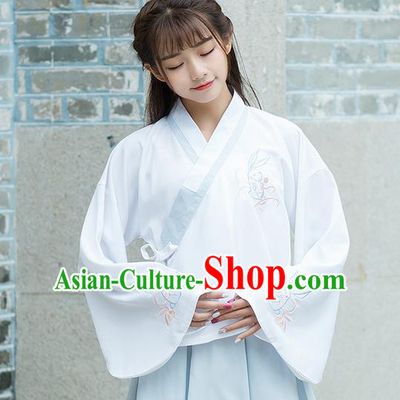 Traditional Ancient Chinese Costume, Elegant Hanfu Clothing Embroidered Slant Opening White Blouse, China Ming Dynasty Princess Elegant Blouse Shirts for Women