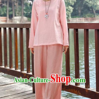Traditional Chinese National Costume Loose Pants, Elegant Hanfu Linen Pink Wide leg Pants, China Ethnic Minorities Tang Suit Folk Dance Ultra-wide-leg Trousers for Women