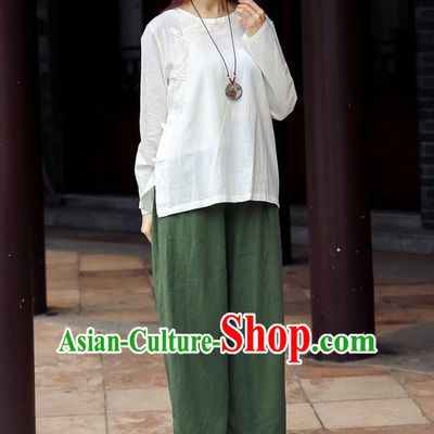 Traditional Chinese National Costume Loose Pants, Elegant Hanfu Linen Green Wide leg Pants, China Ethnic Minorities Tang Suit Folk Dance Ultra-wide-leg Trousers for Women