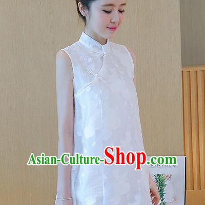 Traditional Ancient Chinese National Costume, Elegant Hanfu Jacquard Slant Opening Plated Buttons White Dress, China Tang Suit Chirpaur Republic of China Cheongsam Upper Outer Garment Elegant Dress Clothing for Women