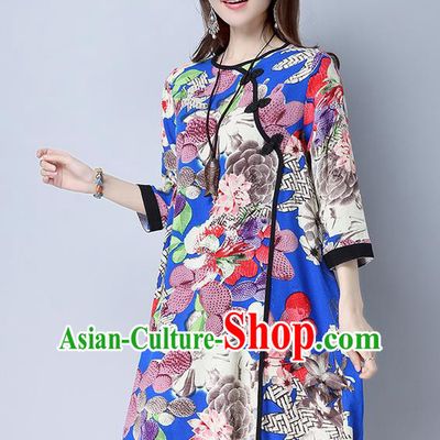 Traditional Ancient Chinese National Costume, Elegant Hanfu Linen Slant Opening Plated Buttons Blue Dress, China Tang Suit Chirpaur Republic of China Cheongsam Upper Outer Garment Elegant Dress Clothing for Women