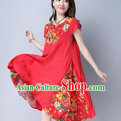 Traditional Ancient Chinese National Costume, Elegant Hanfu Mandarin Qipao Linen Peony Flowers Red Dress, China Tang Suit Chirpaur Republic of China Cheongsam Upper Outer Garment Elegant Dress Clothing for Women