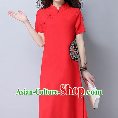 Traditional Ancient Chinese National Costume, Elegant Hanfu Mandarin Qipao Linen Slant Opening Embroidery Red Dress, China Tang Suit Chirpaur Republic of China Cheongsam Upper Outer Garment Elegant Dress Clothing for Women