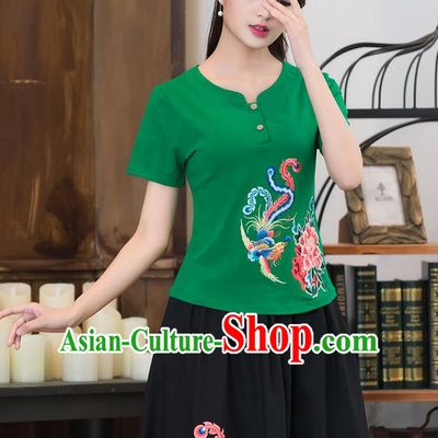 Traditional Chinese National Costume, Elegant Hanfu Embroidery Phoenix Flowers Green T-Shirt, China Tang Suit Republic of China Chirpaur Blouse Cheong-sam Upper Outer Garment Qipao Shirts Clothing for Women