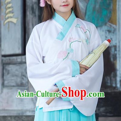 Traditional Ancient Chinese Costume, Elegant Hanfu Clothing Embroidered Slant Opening Blue Blouse, China Tang Dynasty Princess Elegant Blouse for Women