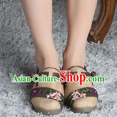 Traditional Chinese Shoes, China Handmade Linen Embroidered Wheat Shoes, Ancient Princess Cloth Shoes for Women