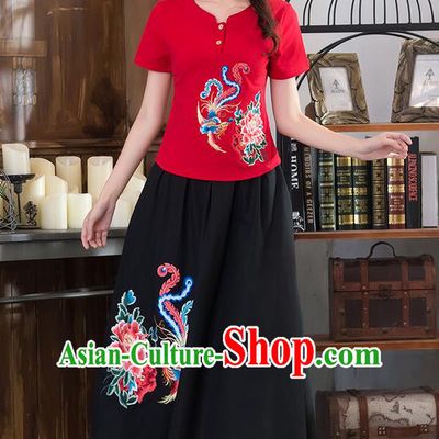 Traditional Chinese National Costume, Elegant Hanfu Embroidery Phoenix Flowers Red T-Shirt, China Tang Suit Republic of China Chirpaur Blouse Cheong-sam Upper Outer Garment Qipao Shirts Clothing for Women