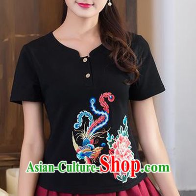 Traditional Chinese National Costume, Elegant Hanfu Embroidery Phoenix Flowers Black T-Shirt, China Tang Suit Republic of China Chirpaur Blouse Cheong-sam Upper Outer Garment Qipao Shirts Clothing for Women