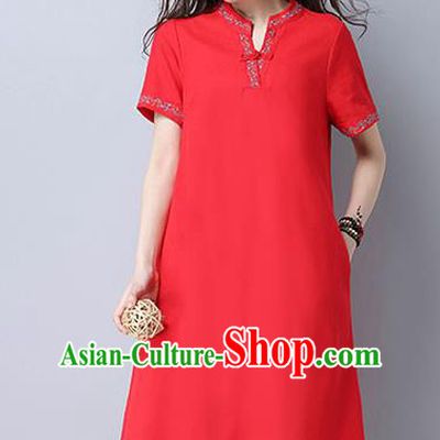 Traditional Ancient Chinese National Costume, Elegant Hanfu Mandarin Qipao Linen Embroidery Red Dress, China Tang Suit Chirpaur Republic of China Cheongsam Upper Outer Garment Elegant Dress Clothing for Women