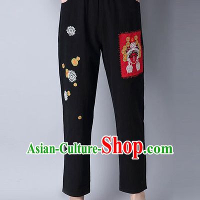 Traditional Chinese National Costume Loose Pants, Elegant Hanfu Embroidered Beijing Opera Facial Masks Black Wide leg Pants, China Ethnic Minorities Tang Suit Ultra-wide-leg Trousers for Women