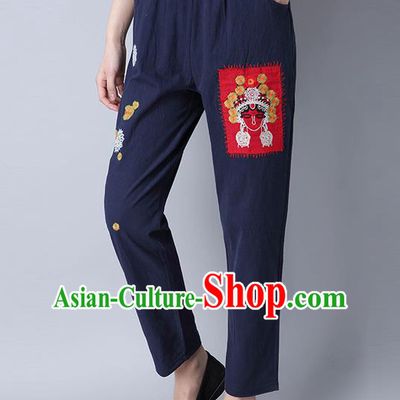Traditional Chinese National Costume Loose Pants, Elegant Hanfu Embroidered Beijing Opera Facial Masks Navy Wide leg Pants, China Ethnic Minorities Tang Suit Ultra-wide-leg Trousers for Women