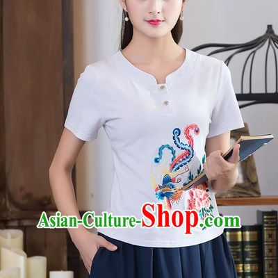 Traditional Chinese National Costume, Elegant Hanfu Embroidery Phoenix Flowers White T-Shirt, China Tang Suit Republic of China Chirpaur Blouse Cheong-sam Upper Outer Garment Qipao Shirts Clothing for Women