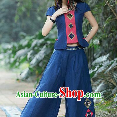 Traditional Chinese National Costume, Elegant Hanfu Embroidery Navy T-Shirt and Loose Pants Complete Set, China Tang Suit Plated Buttons Blouse and Dockers for Women