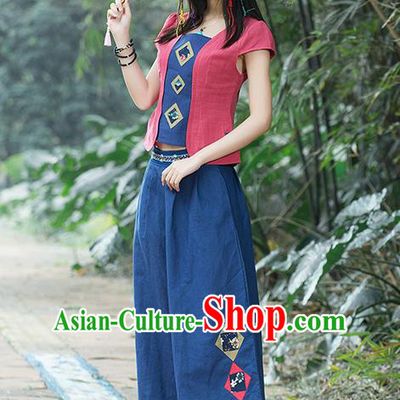 Traditional Chinese National Costume, Elegant Hanfu Embroidery Red T-Shirt and Loose Pants Complete Set, China Tang Suit Plated Buttons Blouse and Dockers for Women