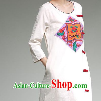Traditional Ancient Chinese National Costume, Elegant Hanfu Qipao Linen Patch Embroidery White Dress, China Tang Suit Cheongsam Upper Outer Garment Elegant Dress Clothing for Women