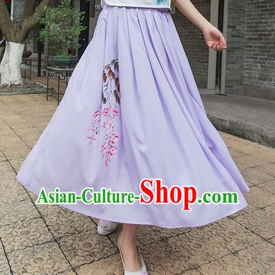 Traditional Ancient Chinese National Pleated Skirt Costume, Elegant Hanfu Hand Painting Peach Blossom Long Purple Dress, China Tang Suit Bust Skirt for Women