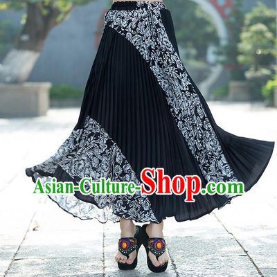 Traditional Ancient Chinese National Pleated Skirt Costume, Elegant Hanfu Chiffon Long Black Dress, China Tang Suit Big Swing Bust Skirt for Women