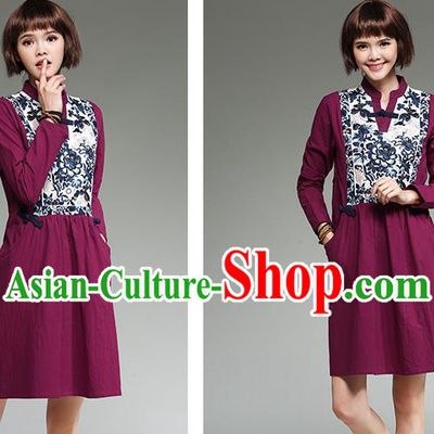 Traditional Ancient Chinese National Costume, Elegant Hanfu Mandarin Qipao Patch Embroidery Linen Red Dress, China Tang Suit Chirpaur Republic of China Cheongsam Upper Outer Garment Elegant Dress Clothing for Women