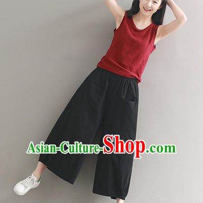Traditional Chinese National Costume Loose Pants, Elegant Hanfu Linen Black Wide leg Pants, China Ethnic Minorities Tang Suit Ultra-wide-leg Trousers for Women
