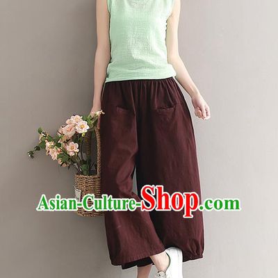 Traditional Chinese National Costume Loose Pants, Elegant Hanfu Linen Wine Red Wide leg Pants, China Ethnic Minorities Tang Suit Ultra-wide-leg Trousers for Women