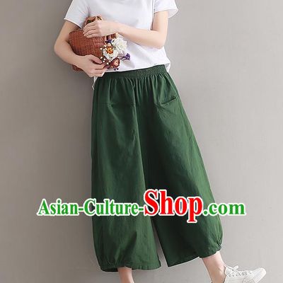 Traditional Chinese National Costume Loose Pants, Elegant Hanfu Linen Green Wide leg Pants, China Ethnic Minorities Tang Suit Ultra-wide-leg Trousers for Women