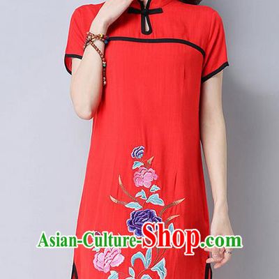 Traditional Ancient Chinese National Costume, Elegant Hanfu Mandarin Qipao Embroider Red Dress, China Tang Suit Chirpaur Republic of China Cheongsam Upper Outer Garment Elegant Dress Clothing for Women