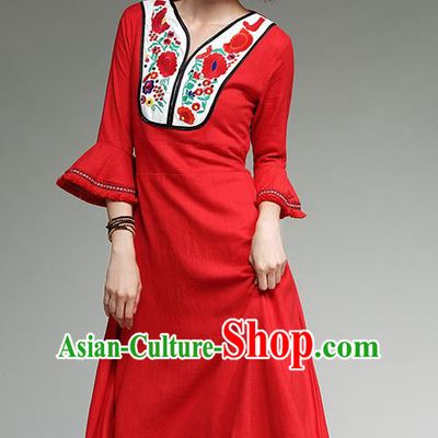Traditional Ancient Chinese National Costume, Elegant Hanfu Mandarin Qipao Embroidery Red Dress, China Tang Suit Mandarin Sleeve Chirpaur Republic of China Cheongsam Upper Outer Garment Elegant Dress Clothing for Women