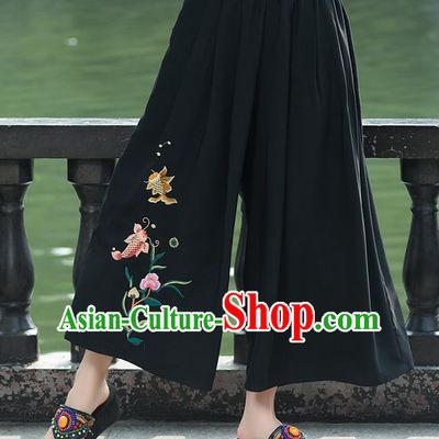 Traditional Chinese National Costume Loose Pants, Elegant Hanfu Embroidered Black Wide leg Pants, China Ethnic Minorities Tang Suit Ultra-wide-leg Trousers for Women