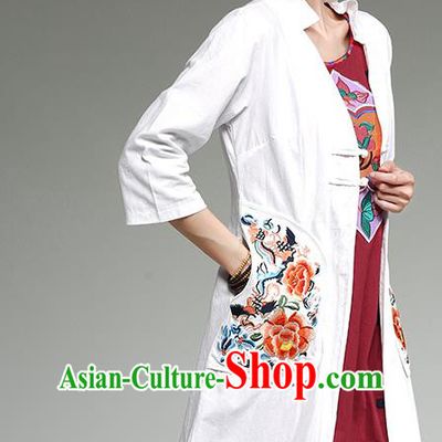 Traditional Ancient Chinese National Costume, Elegant Hanfu Cardigan Embroidered White Coat, China Tang Suit Plated Buttons Cape, Upper Outer Garment Dust Coat Cloak Clothing for Women