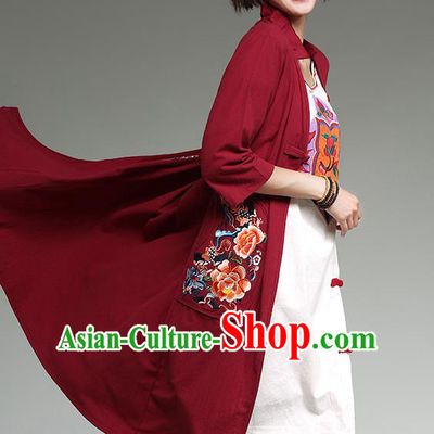 Traditional Ancient Chinese National Costume, Elegant Hanfu Cardigan Embroidered Red Coat, China Tang Suit Plated Buttons Cape, Upper Outer Garment Dust Coat Cloak Clothing for Women
