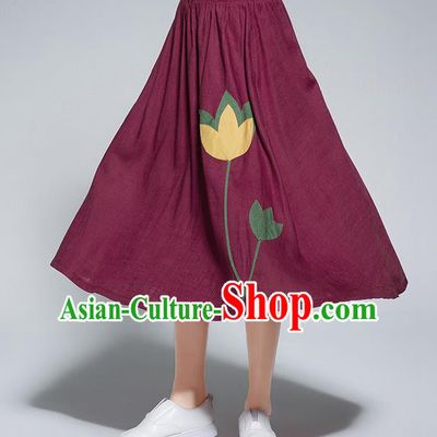 Traditional Ancient Chinese National Pleated Skirt Costume, Elegant Hanfu Flowers Patch Long Red Dress, China Tang Suit Bust Skirt for Women