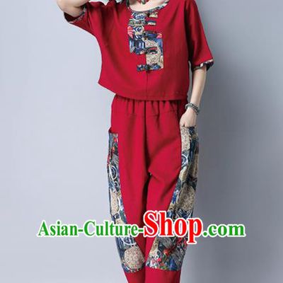 Traditional Chinese National Costume, Elegant Hanfu Embroidery Red T-Shirt and Loose Pants Complete Set, China Tang Suit Plated Buttons Blouse and Dockers for Women